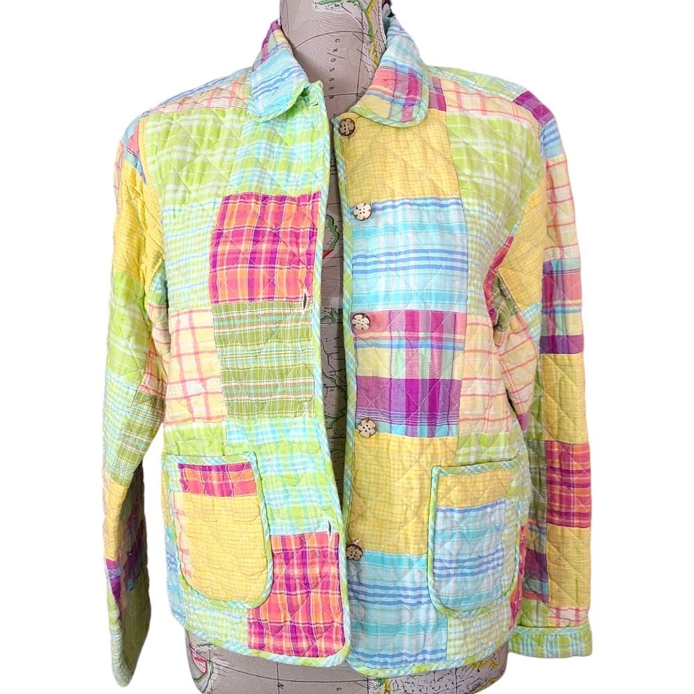 VINTAGE 90s David Brooks Size Small Colorful Green Patchwork Jacket  Reversible